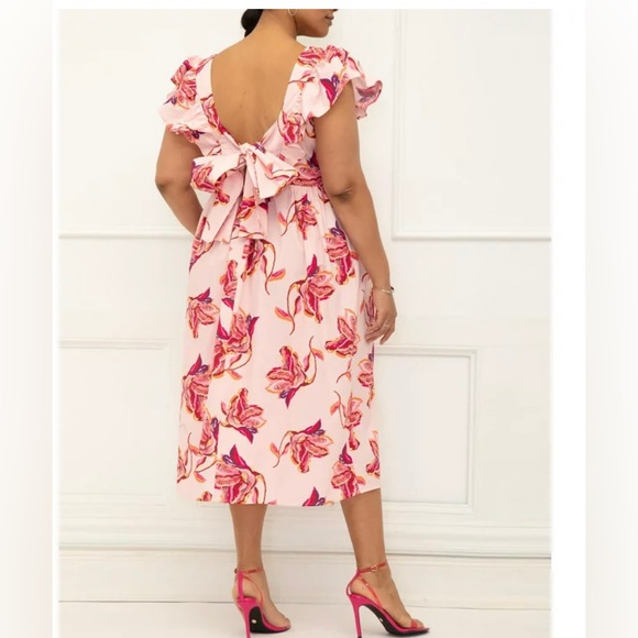 ELOQUII Elements Women's Plus Size Surplice Midi Dress with Ruffle Sleeves Sz 16 - Picture 2 of 10